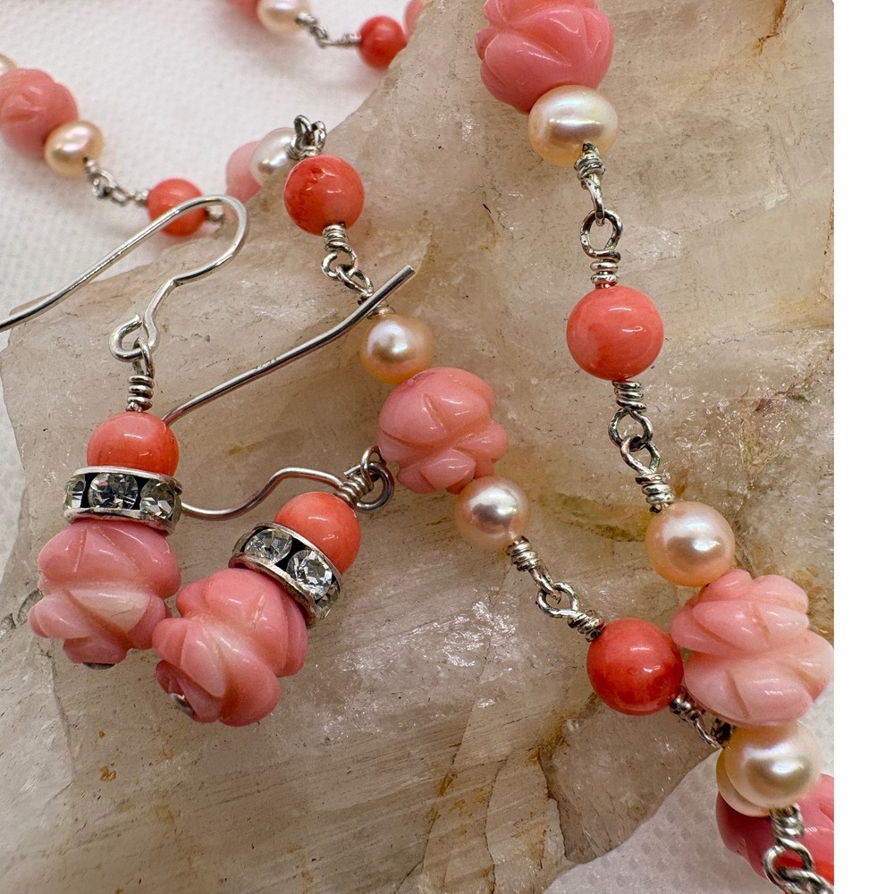 Vintage Handmade Pink Coral Cultured Pearl Sterling Silver Necklace Earring Set